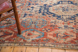 Antique Soumac aged pile texture, brick red, sky blue, ivory geometric patterns.