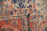 Antique Caucasian Soumac fragment: exposed foundation and geometric motifs in brick red and navy.
