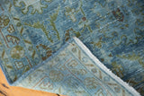 Overdyed blue distressed Hamadan runner with foundation showing and folded edge.