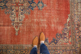 Antique Mahal carpet detail: madder root red field, mimicking corner spandrel, visible even pile wear.