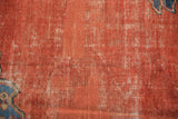 Antique Mahal carpet detail: madder root red pile, exposed foundation, sky blue spandrel motif.