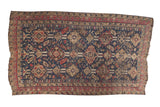 Antique Soumac carpet, allover stylized geometric pattern in navy blue, cherry red, and ivory, 4'7