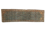 Vintage Distressed Hamadan runner, allover herati, floral border, muted blues, brown, ivory, 3x10.
