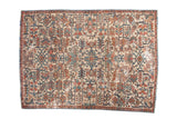 Distressed vintage Heriz fragment rug, allover geometric pattern, ivory, blue, and red, 5'2
