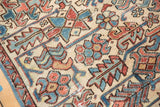 Distressed Heriz fragment, ivory, blue, and red traditional geometric motifs, visible wear.