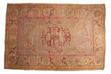 Vintage Oushak carpet with roundel medallion, oversized motifs, gold, red, ivory, 8'7
