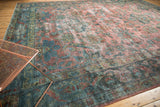 Vintage Distressed Mahal rug corner, faded cranberry field, dusty teal border, vinery, wear.