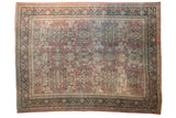 Vintage Distressed Mahal carpet, faded brick red, allover palmettes, dark charcoal border.