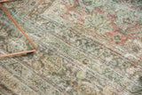 Distressed vintage Mahal carpet pile with faded seafoam green, blush, and ivory, showing visible knot heads.