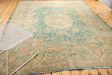 Traditional Khorassan rug with sky blue scrolling palmettes and camel gold field, mostly even wear.