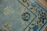 Antique Chinese Peking rug corner, distressed powder blue and gold floral border detail.