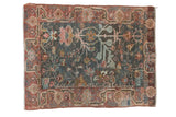 Distressed Sarouk rug mat with faded low pile, a dark blue tree of life field, and cranberry border.