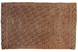 Antique Beshir carpet, allover germinating plant lattice in aubergine, terracotta, and ivory.