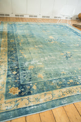 Distressed sky blue Peking pile with ivory highlights, pale gold florals, and dark blue border.