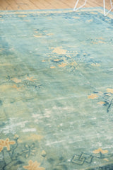 Distressed sky blue field with pale gold floral bouquet sprays and worn texture.