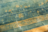 Distressed Peking carpet section with worn teal and pale gold floral bands.