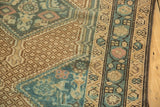 Distressed Serab runner's geometric lattice, sky blue border, and blush pink motifs.