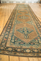 Distressed vintage Serab runner with geometric lattice, herati motifs in sky blue and dusty beige.