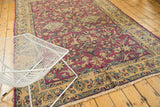Vintage Lilihan carpet corner, expressive floral vinery in purple, beige, antique ivory fringe.