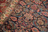 Reciprocating border of budded blossoms and Herati motifs on vintage Bijar, navy, blush, sky blue.
