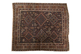 Antique hand knotted Kamseh carpet with double column medallions, geometric birds, navy, chestnut, 5'5