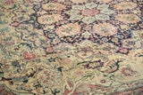 Intricate floral patterns with Ardebil-like bud sections in antique ivory, navy, cochineal red.