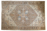 Distressed Heriz carpet, large medallion, rectilinear patterns, muted brown, ivory, blue, 10x15.