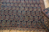 Fine weave, low pile antique Afshar rug; navy, red, gold boteh; stabilized end.