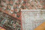 Distressed Serbend rug runner's terracotta and blue pattern, border, fringe, and hand-knotted reverse.