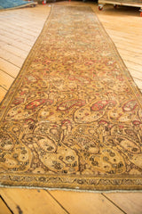 Textured vintage distressed Malayer runner, repeating blush boteh design with low pile.