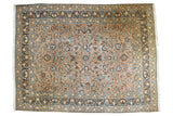 Distressed 10x13 vintage Meshed carpet with palmette floral design, beige, ivory, blue.