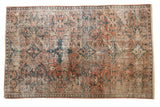 Vintage Distressed Mahal carpet, allover scrolling floral pattern in brick red, teal, ivory.