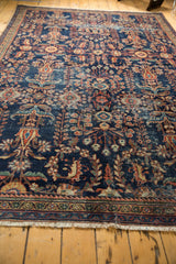 Antique Mahal carpet border with intricate floral designs, aged colors, and secured fringe.
