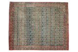 Antique Persian Heriz square rug, allover boteh design, muted navy, charcoal, ivory, blush tones.