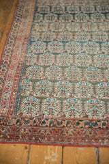 Detail of antique Heriz rug's germinating plant boteh pattern with mostly even wear to knot heads.