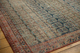 Intricate red, navy, and ivory border framing repeating boteh motifs on antique Heriz rug.