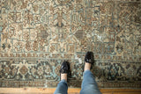 Vintage distressed Mehrivan runner, geometric design in ivory, teal, and brown, with mostly even wear.