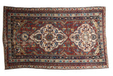 Collectible antique Shirvan carpet with rich wine red field, unique ivory and sky blue geometric medallions, 5' x 8'3