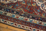 Late 19th century Shirvan rug with intricate wine red, sky blue geometric borders and varied pile.