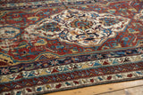 Geometric wine red, ivory, sky blue patterns on antique Caucasian Shirvan carpet with aged pile.