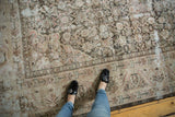 Distressed vintage Mahal rug showing Herati motif, low pile, beige, charcoal, blush.