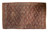 Antique Turkmen carpet, allover aubergine, navy, ivory geometric hook gul motifs.