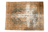 Distressed vintage Kashmar carpet, gold and teal floral medallion, visible foundation, 7'6