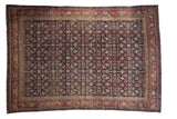 Finely woven vintage Fereghan carpet with allover Herati pattern in navy blue, red, and ivory.