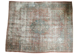 Distressed vintage Persian Kashan carpet, blush red, sky blue, ivory floral medallion, 9' x 11'8