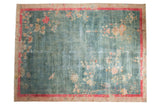 Distressed Chinese Art Deco rug, aqua blue field, pink red border, ornate ivory florals.