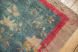 Distressed Art Deco carpet with blossomed florals on aqua field, vivid red border, visible foundation.