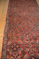 Brick red Herati pattern and sky blue narrow border of a vintage Bijar runner.