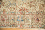 Even wear on vintage distressed Tabriz carpet, ivory field with terra cotta and sky blue tendrils.
