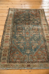 Distressed dusty teal and bronze Herati motif with expressive corner spandrel on vintage Hamadan rug.